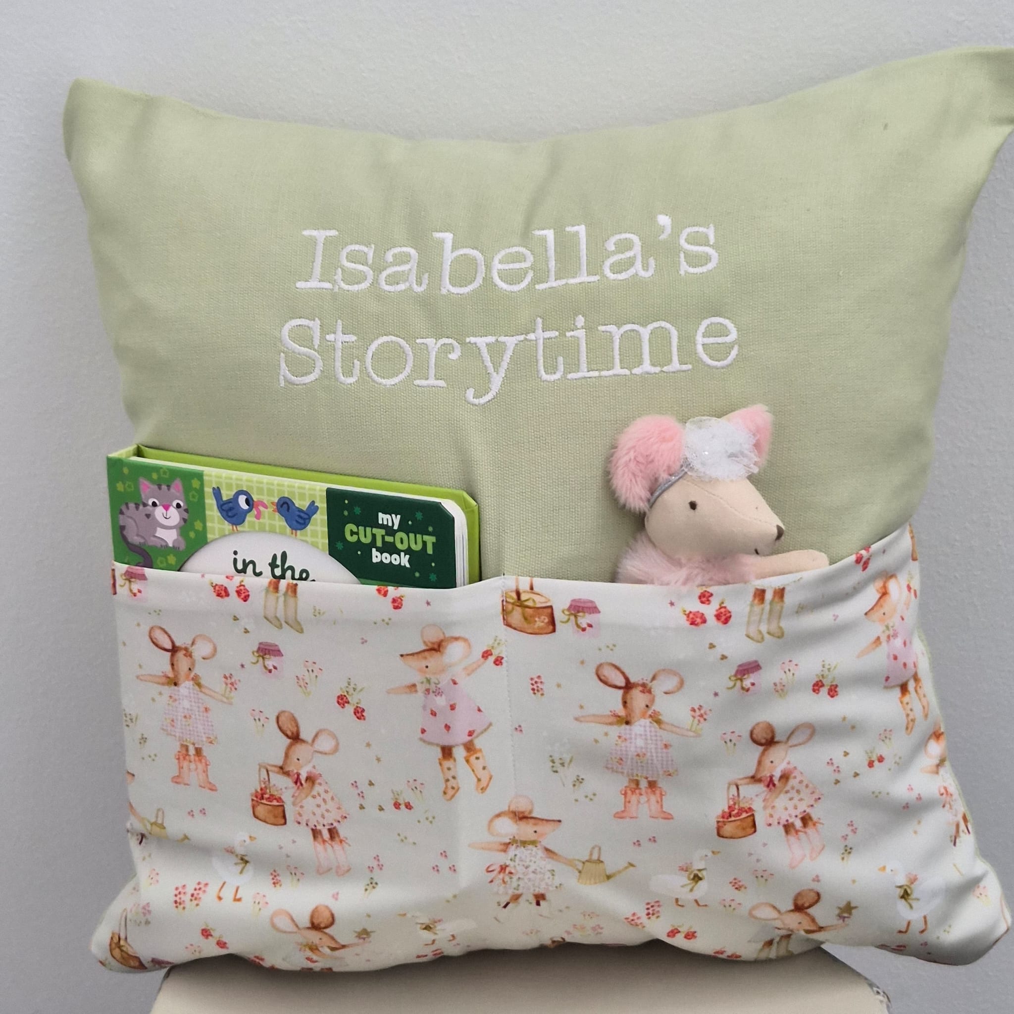 Mouse's Garden Storytime Cushion (Sage)